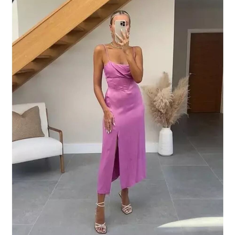 ZARA Camisole Slip Dress Satin Corset Spaghetti Strap Front Slit Midi, Pink NWT